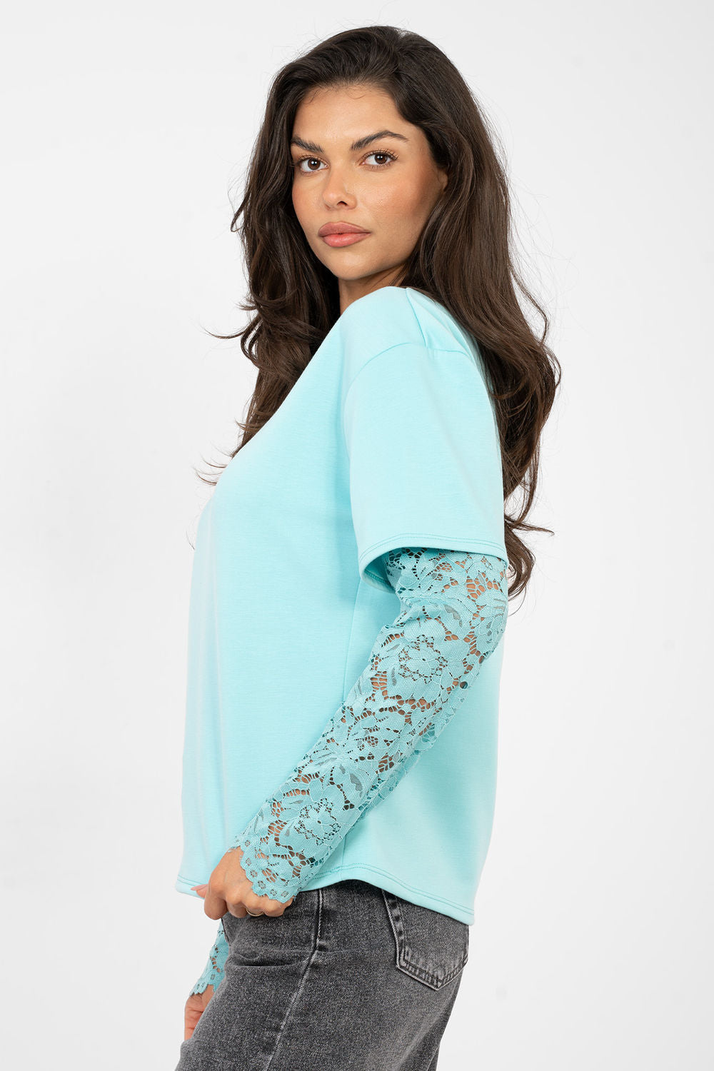 Italy Moda Mint Lace Cotton Blouse - view 4