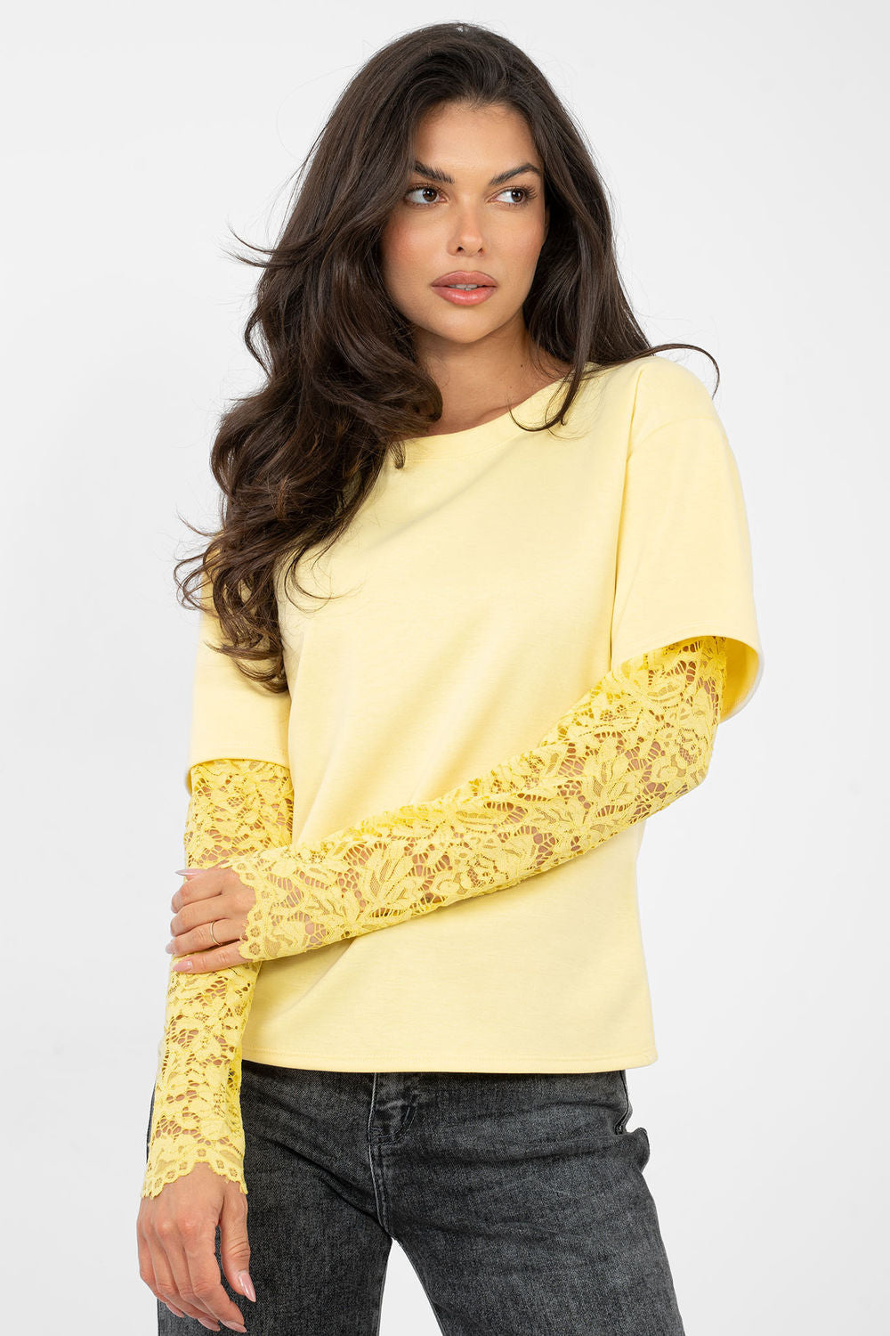 Italy Moda Light Yellow Round Neck Lace Cotton Blouse