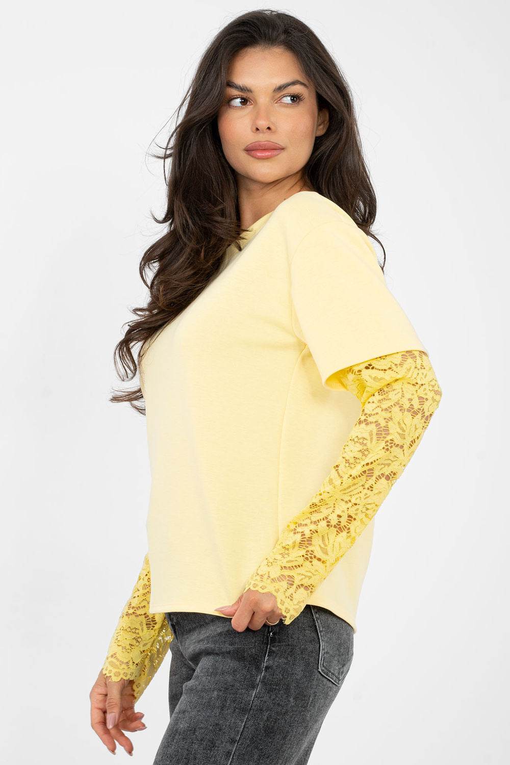 Italy Moda Light Yellow Round Neck Lace Cotton Blouse - view 2