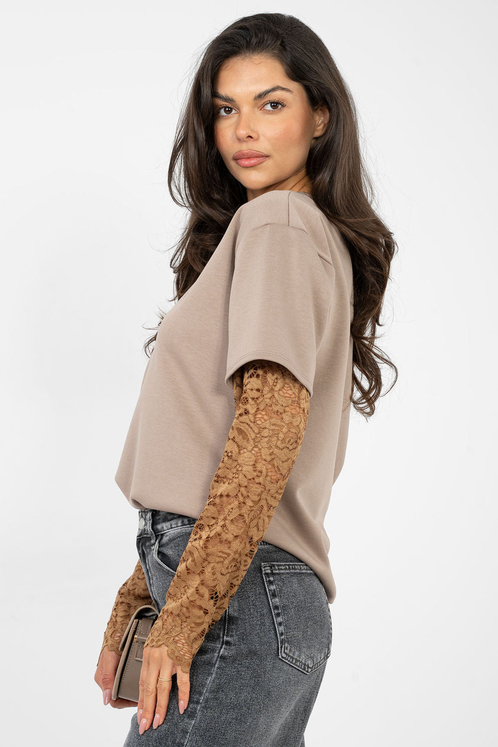 Italy Moda Dark Beige Lace Cotton Blouse - view 2