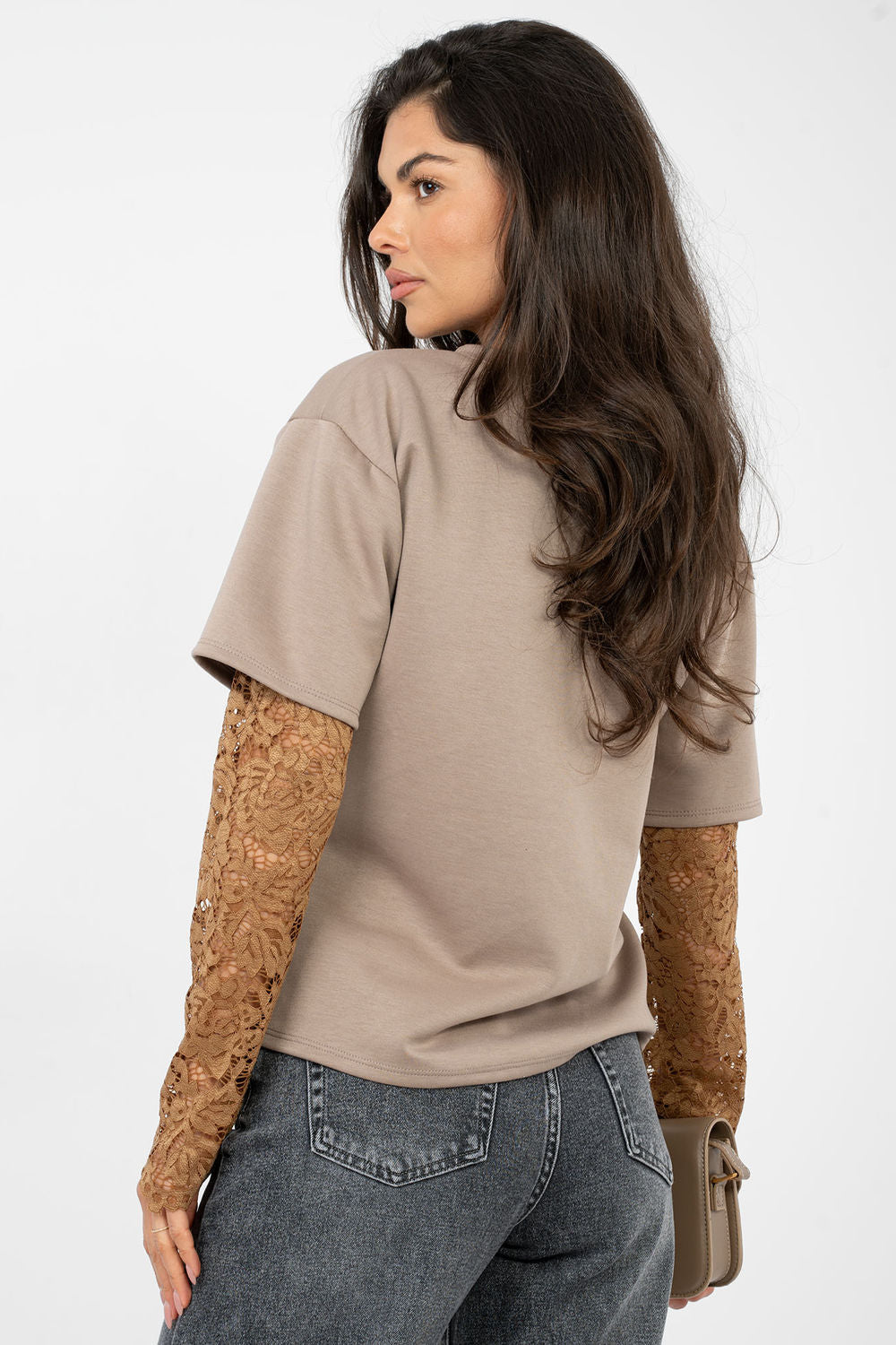 Italy Moda Dark Beige Lace Cotton Blouse - view 3