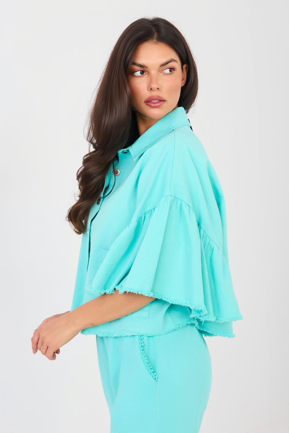 Rue Paris Turquoise Cotton Denim Jacket - view 2