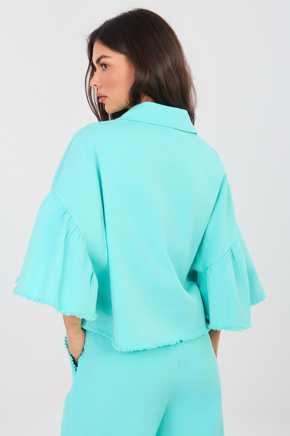 Rue Paris Turquoise Cotton Denim Jacket - view 3
