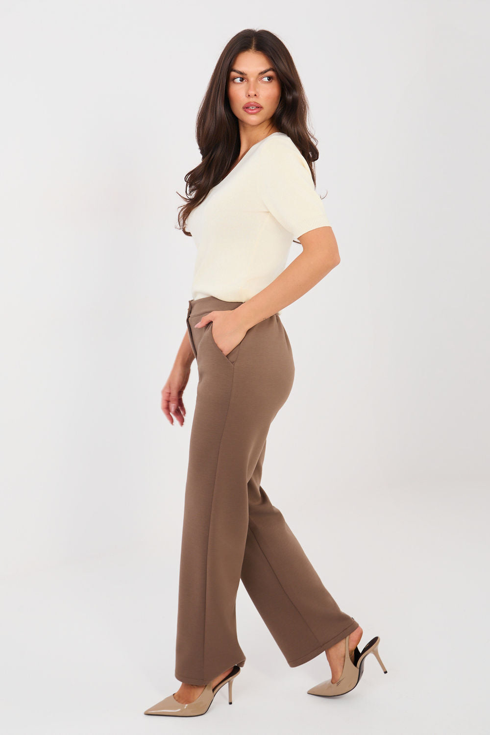 Rue Paris Dark Beige Straight High Waisted Trousers - view 2