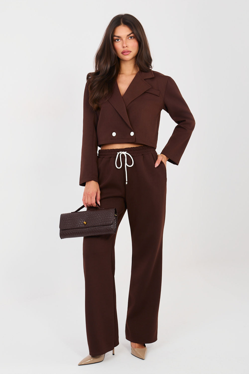 Rue Paris Brown Collared High Waisted Long Sleeve Co-Ord Set