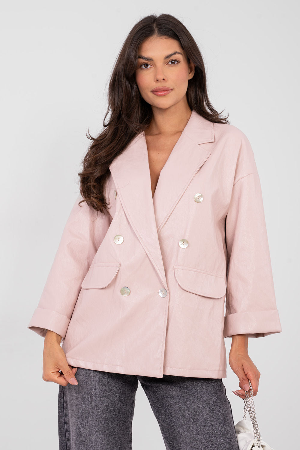 Rue Paris Light Pink Faux Leather Long Sleeve Jacket