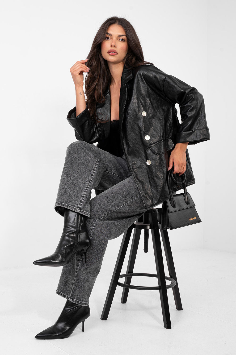 Rue Paris Black Viscose Faux Leather Long Sleeve Jacket - view 2