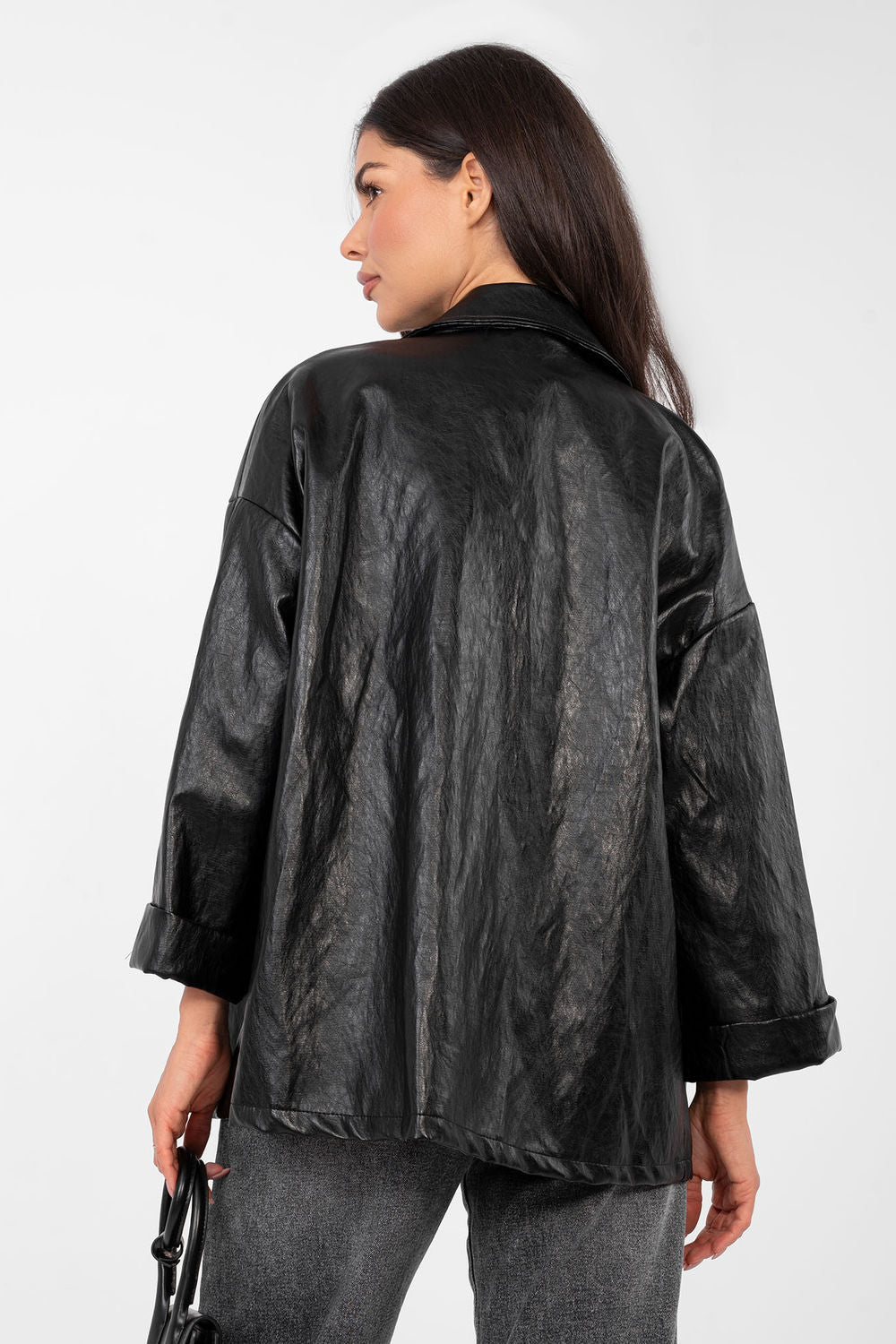 Rue Paris Black Viscose Faux Leather Long Sleeve Jacket - view 3