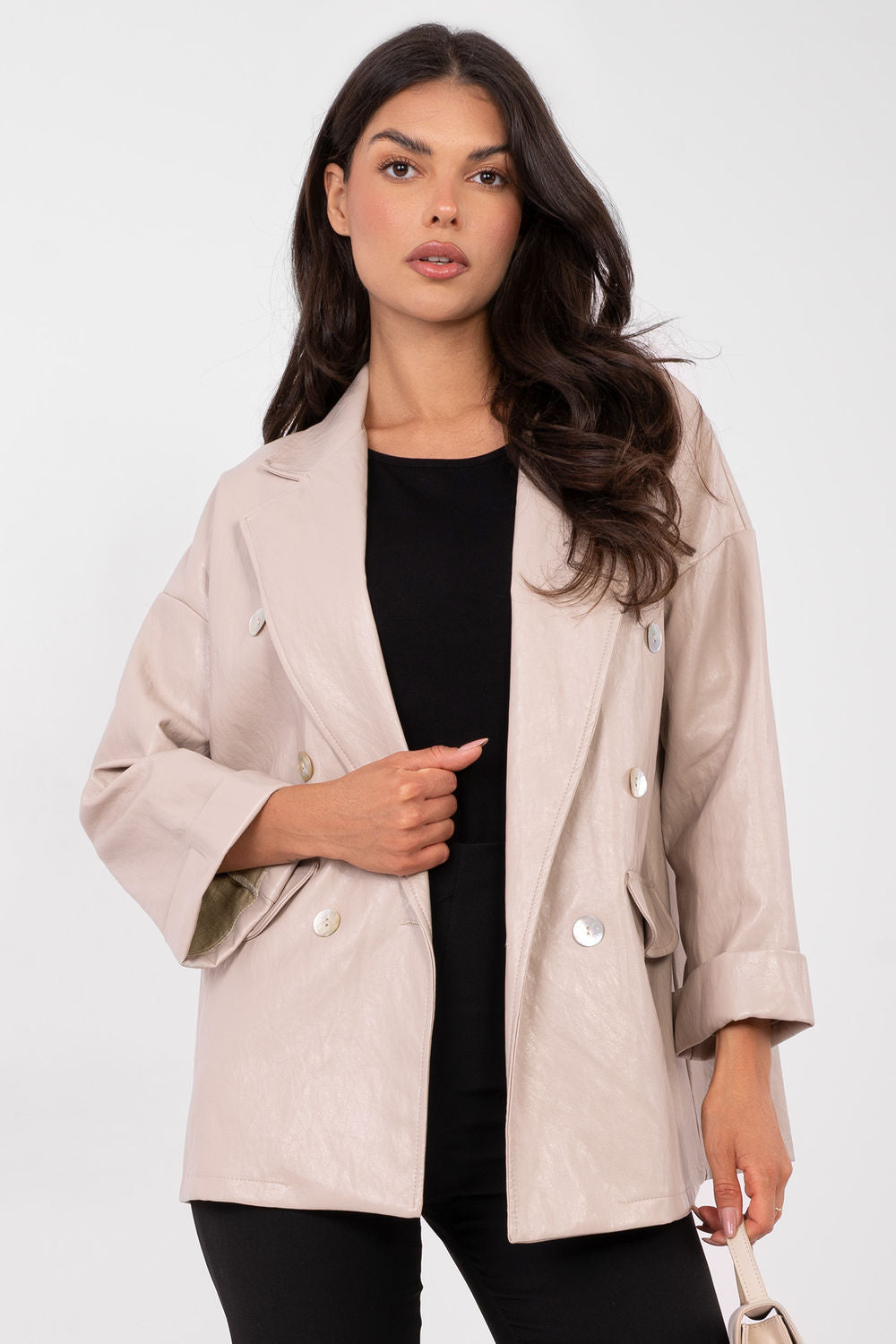 Rue Paris Beige Faux Leather Long Sleeve Jacket