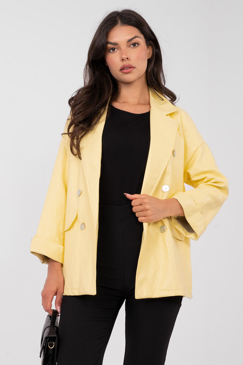 Rue Paris Light Yellow Faux Leather Long Sleeve Jacket