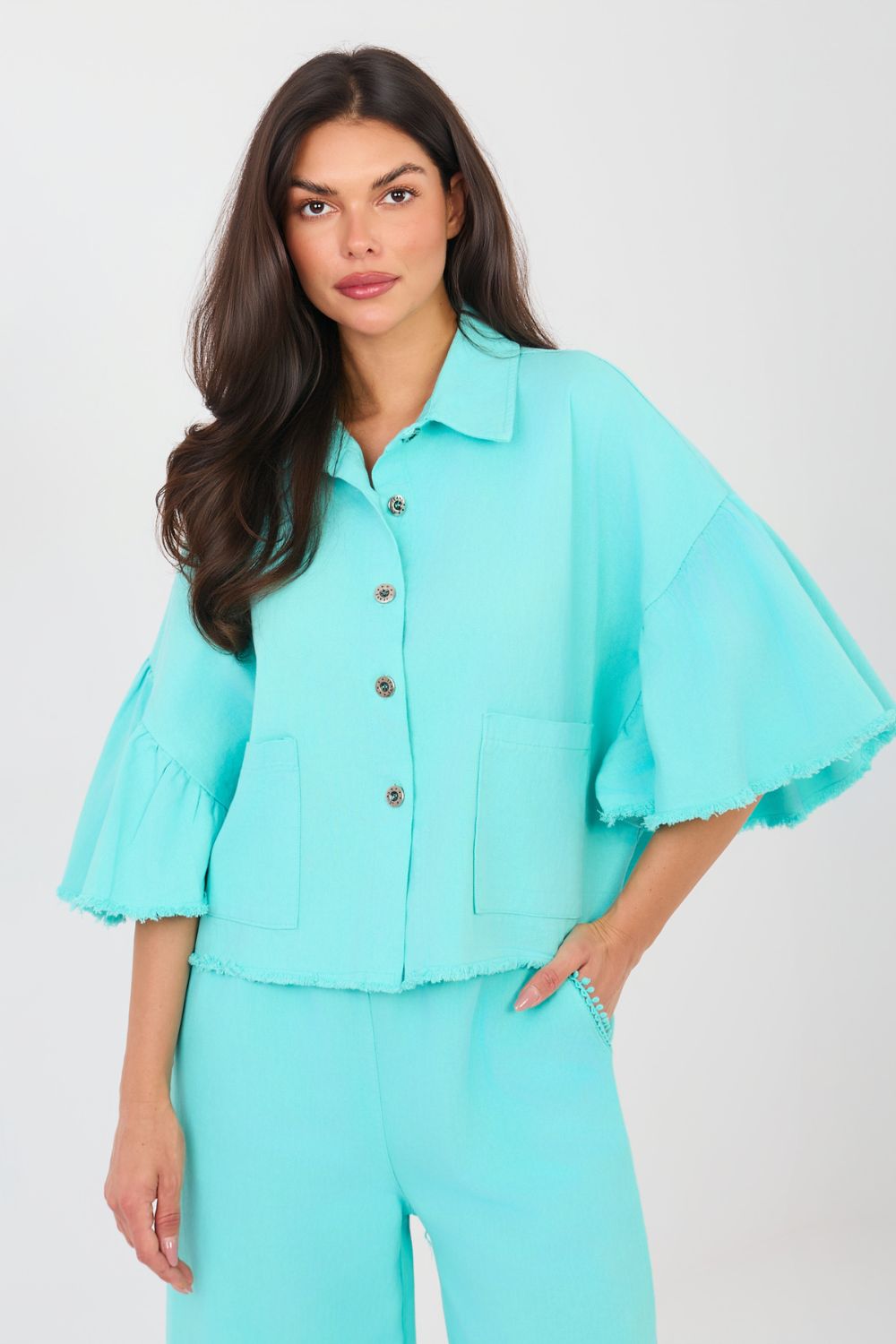Rue Paris Turquoise Cotton Denim Jacket - view 4
