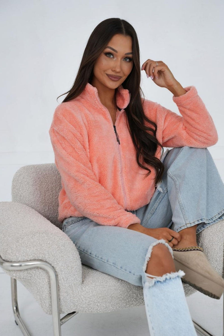 Factory Price Peach Zip Up Long Sleeve Sweatshirt