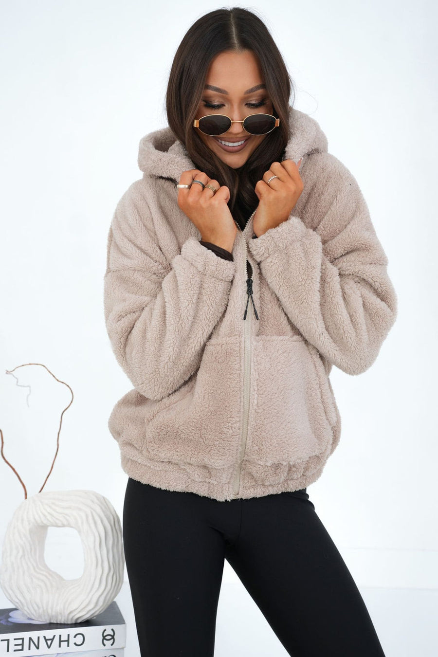 Factory Price Light Beige Hooded Zip Up Sweatshirt