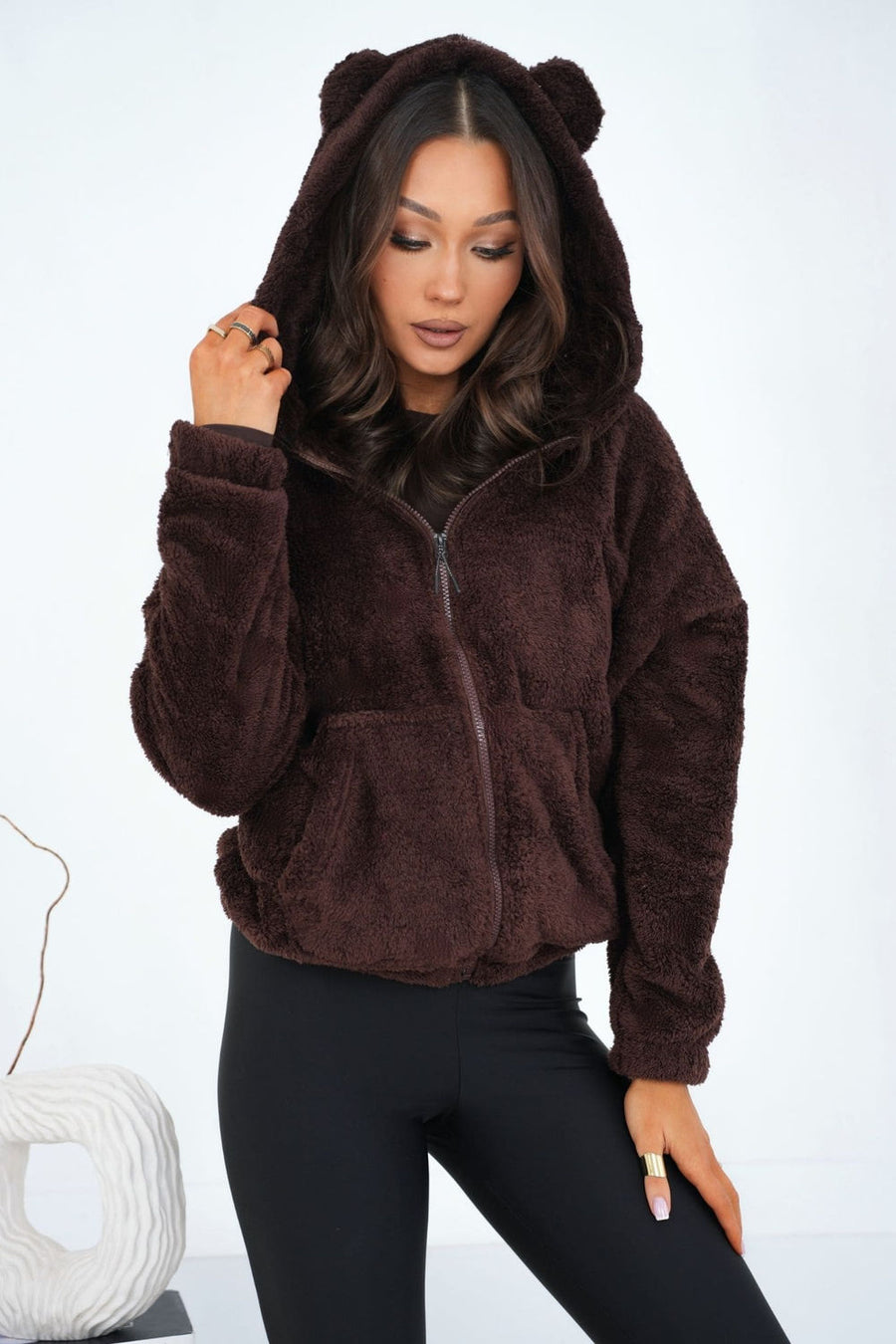Factory Price Dark Brown Hooded Zip Up Sweatshirt