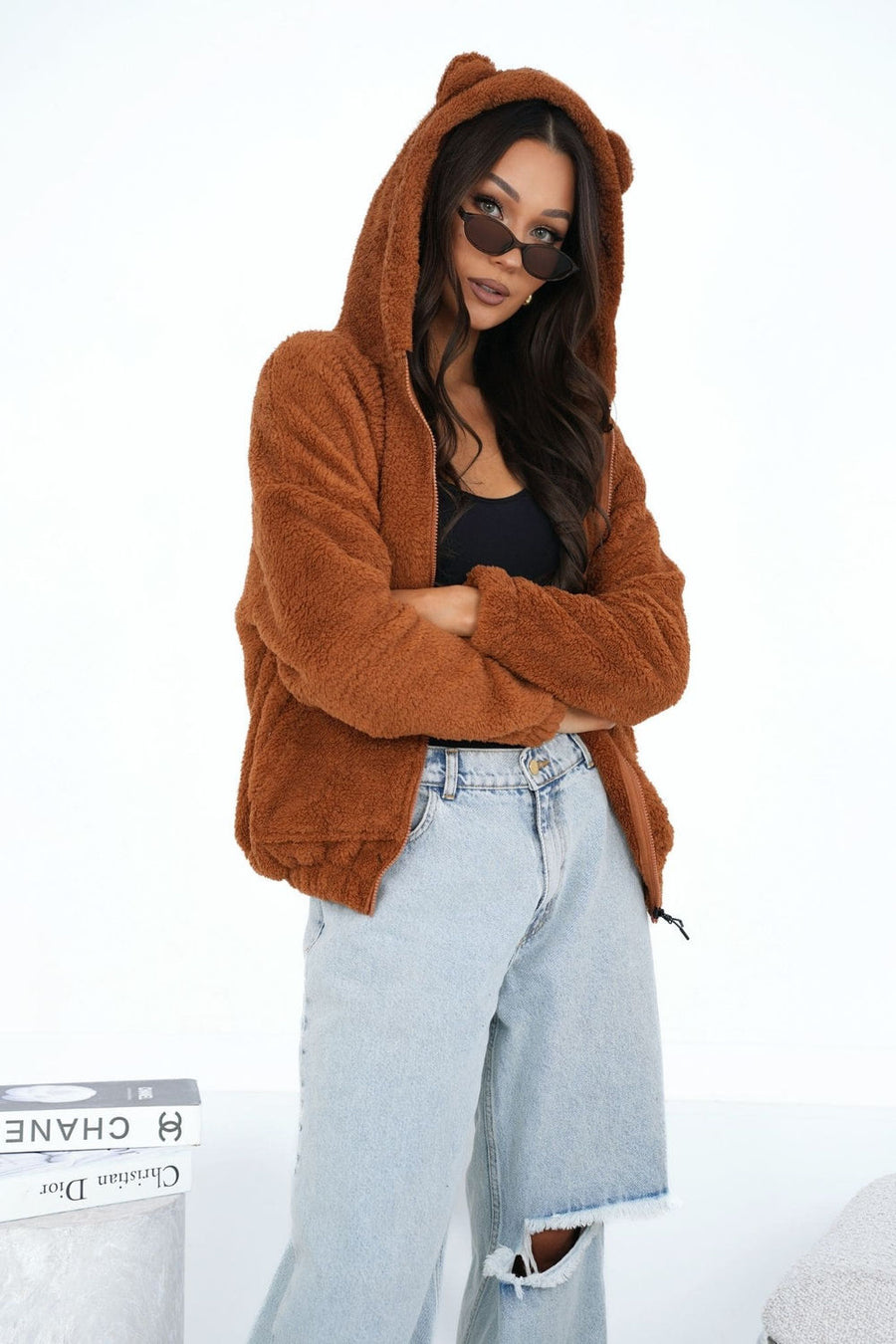 Factory Price Light Brown Hooded Zip Up Sweatshirt