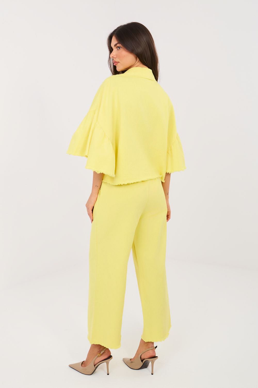 Italy Moda Light Yellow Wide Leg High Waisted Trousers - view 3