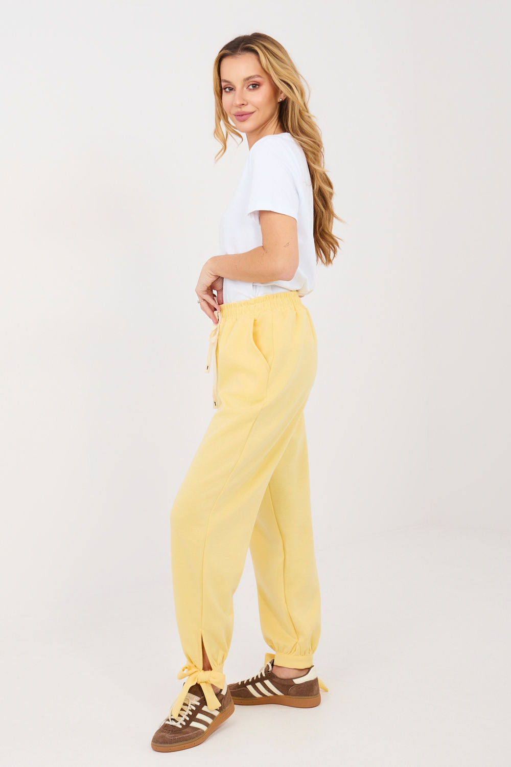 Italy Moda Light Yellow High Waisted Cotton Joggers - view 2