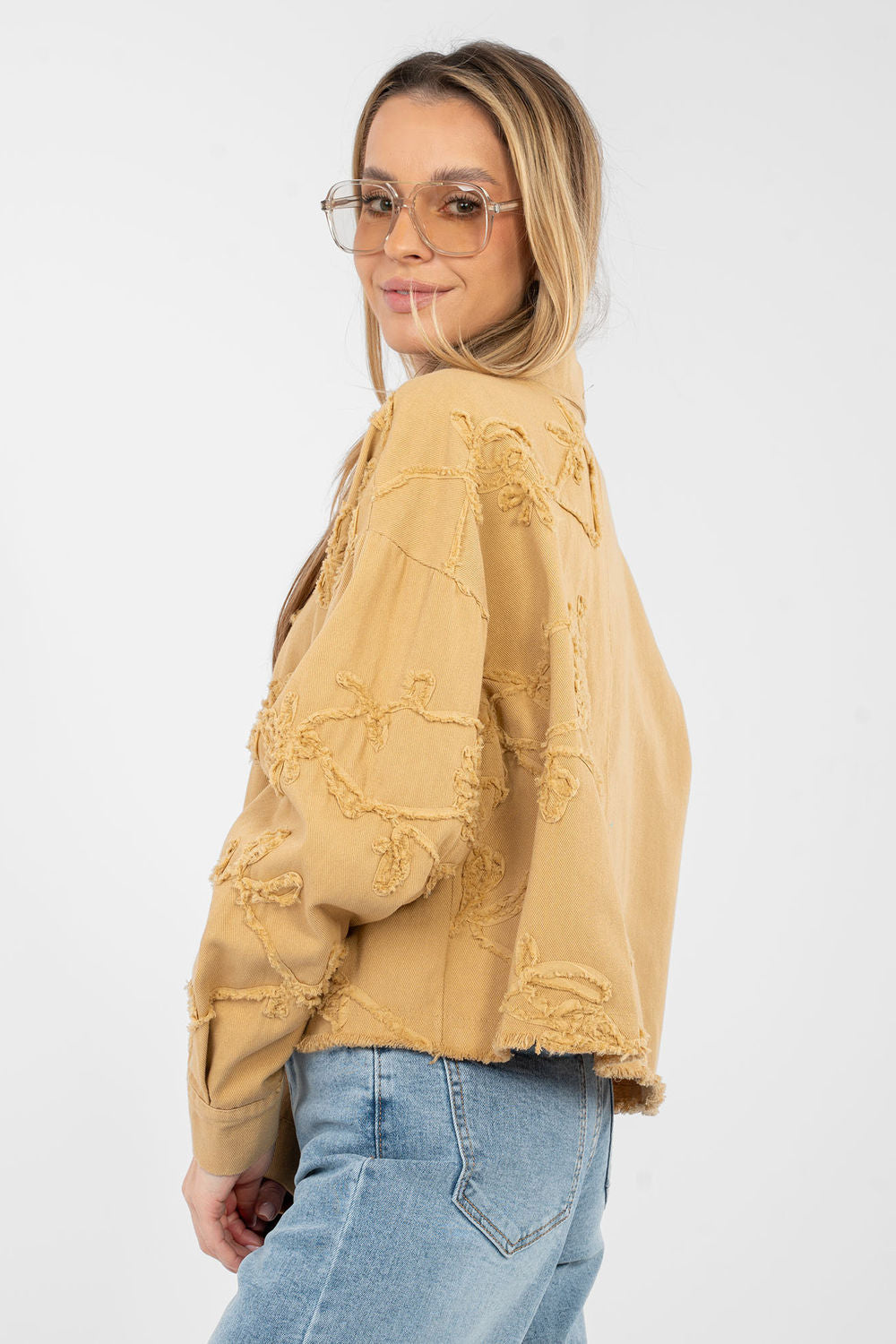 Rue Paris Camel Collared Long Sleeve Cotton Denim Jacket - view 3