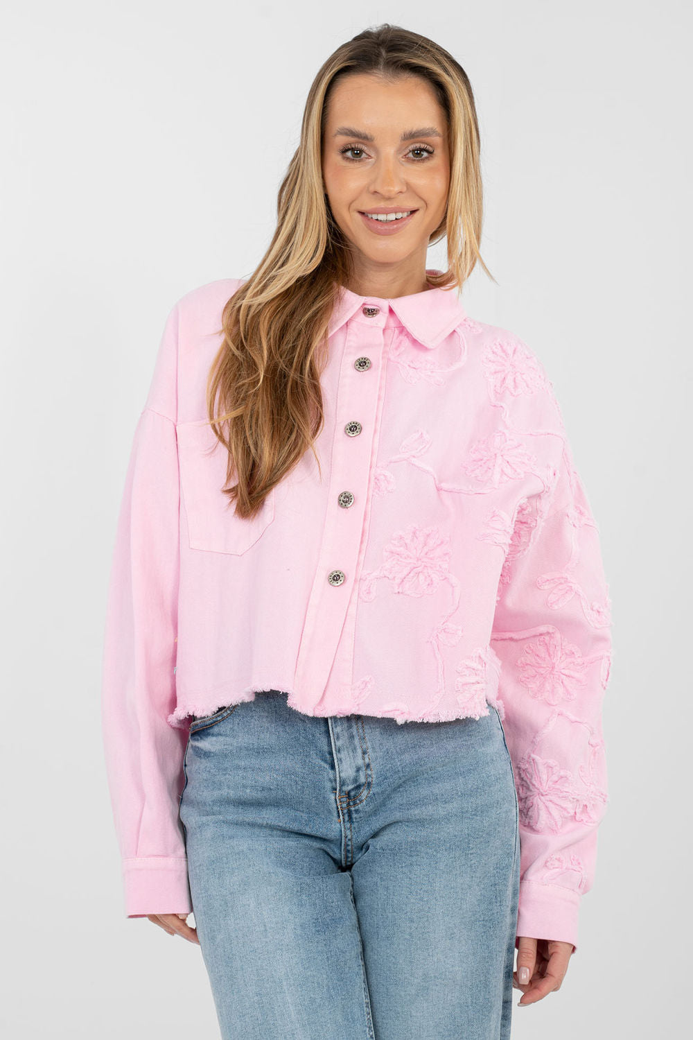 Rue Paris Light Pink Collared Long Sleeve Cotton Denim Jacket