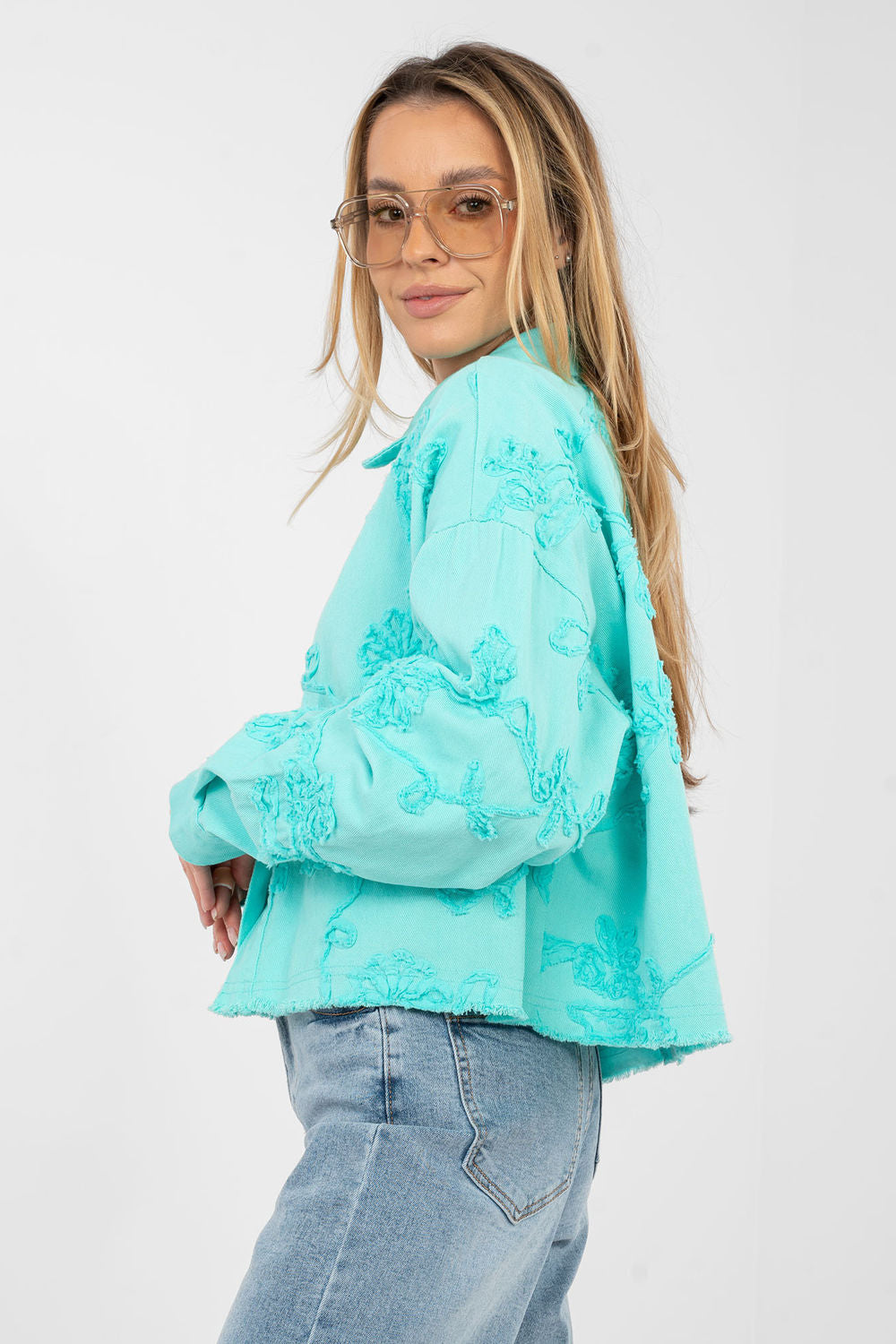Rue Paris Turquoise Long Sleeve Cotton Denim Jacket - view 2