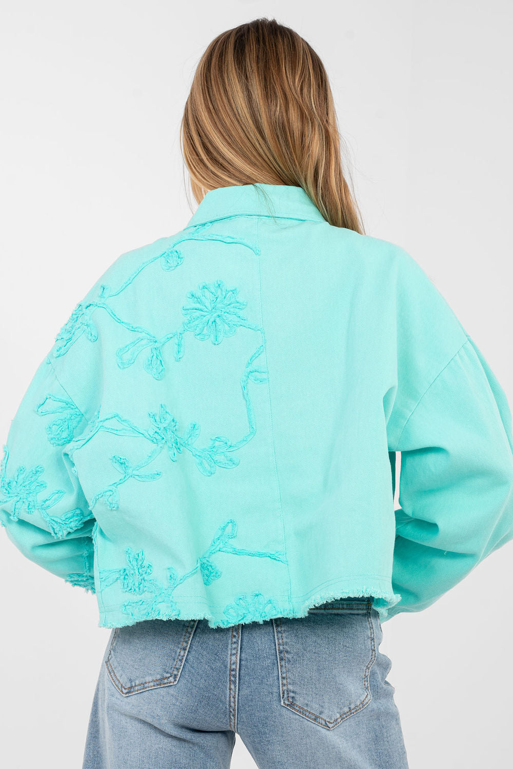 Rue Paris Turquoise Long Sleeve Cotton Denim Jacket - view 3