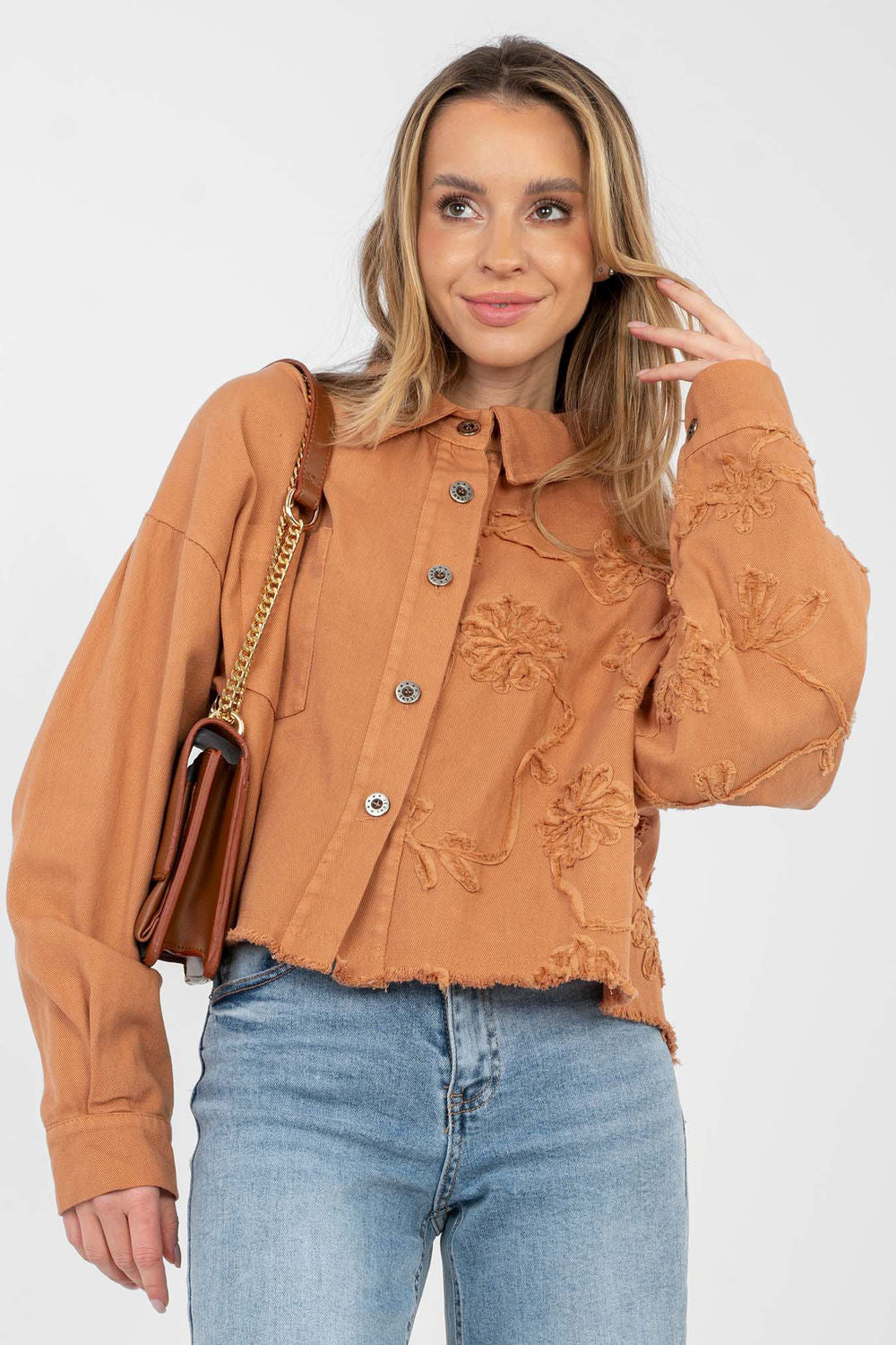 Rue Paris Dark Orange Collared Long Sleeve Cotton Denim Jacket