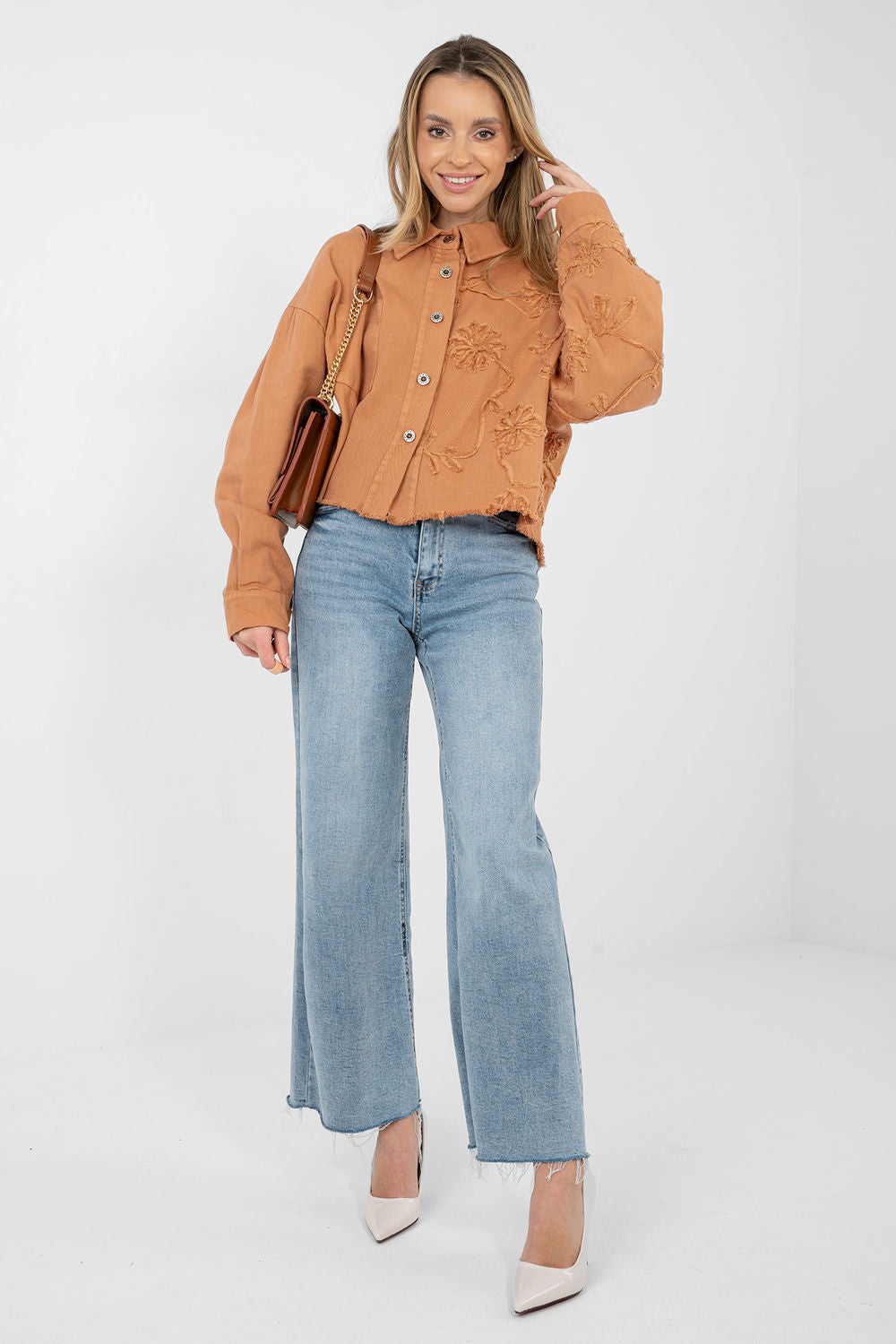 Rue Paris Dark Orange Collared Long Sleeve Cotton Denim Jacket - view 2