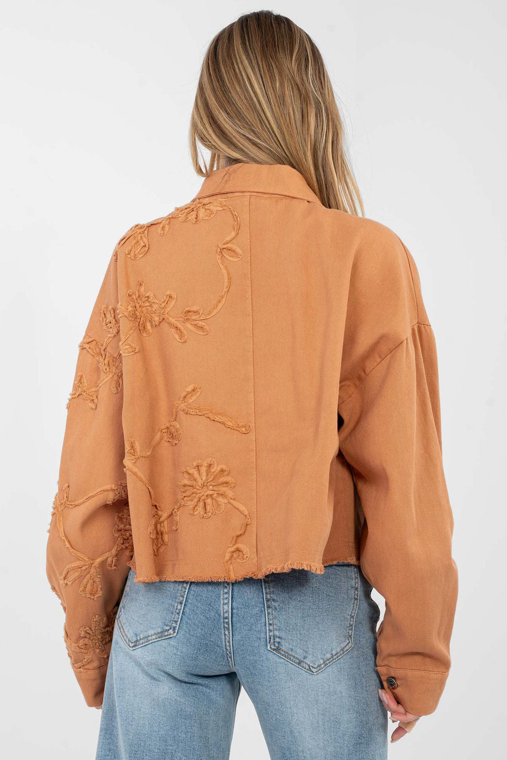 Rue Paris Dark Orange Collared Long Sleeve Cotton Denim Jacket - view 3
