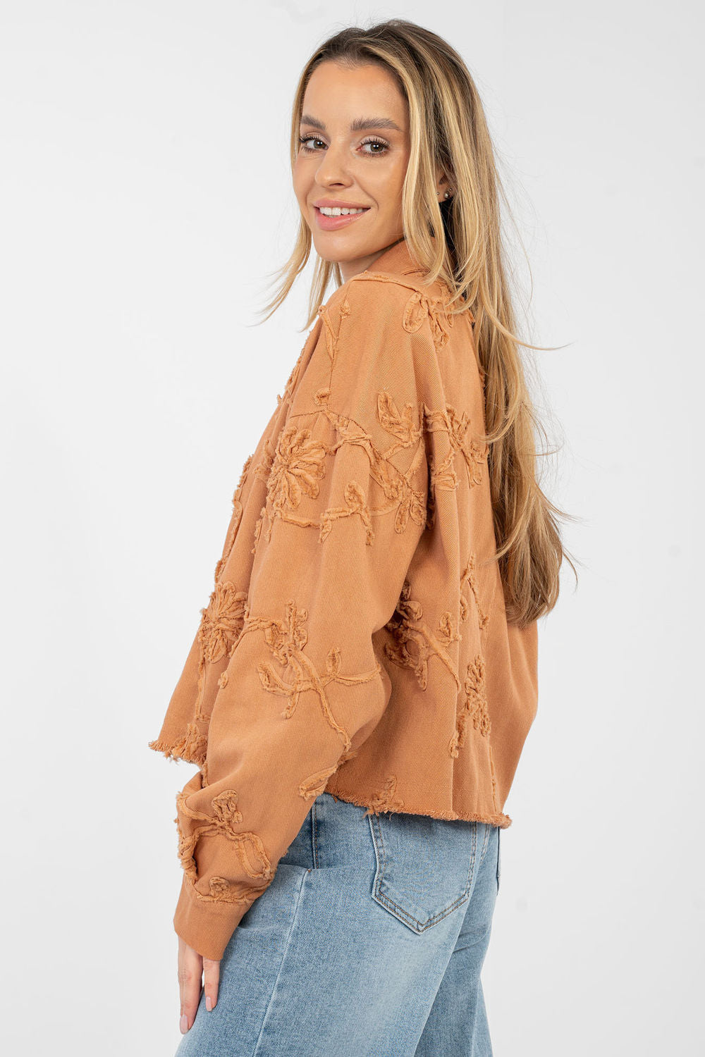 Rue Paris Dark Orange Collared Long Sleeve Cotton Denim Jacket - view 4