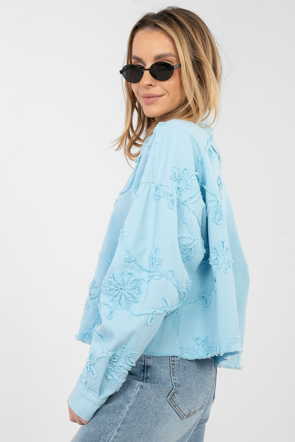 Rue Paris Light Blue Long Sleeve Cotton Denim Jacket - view 3