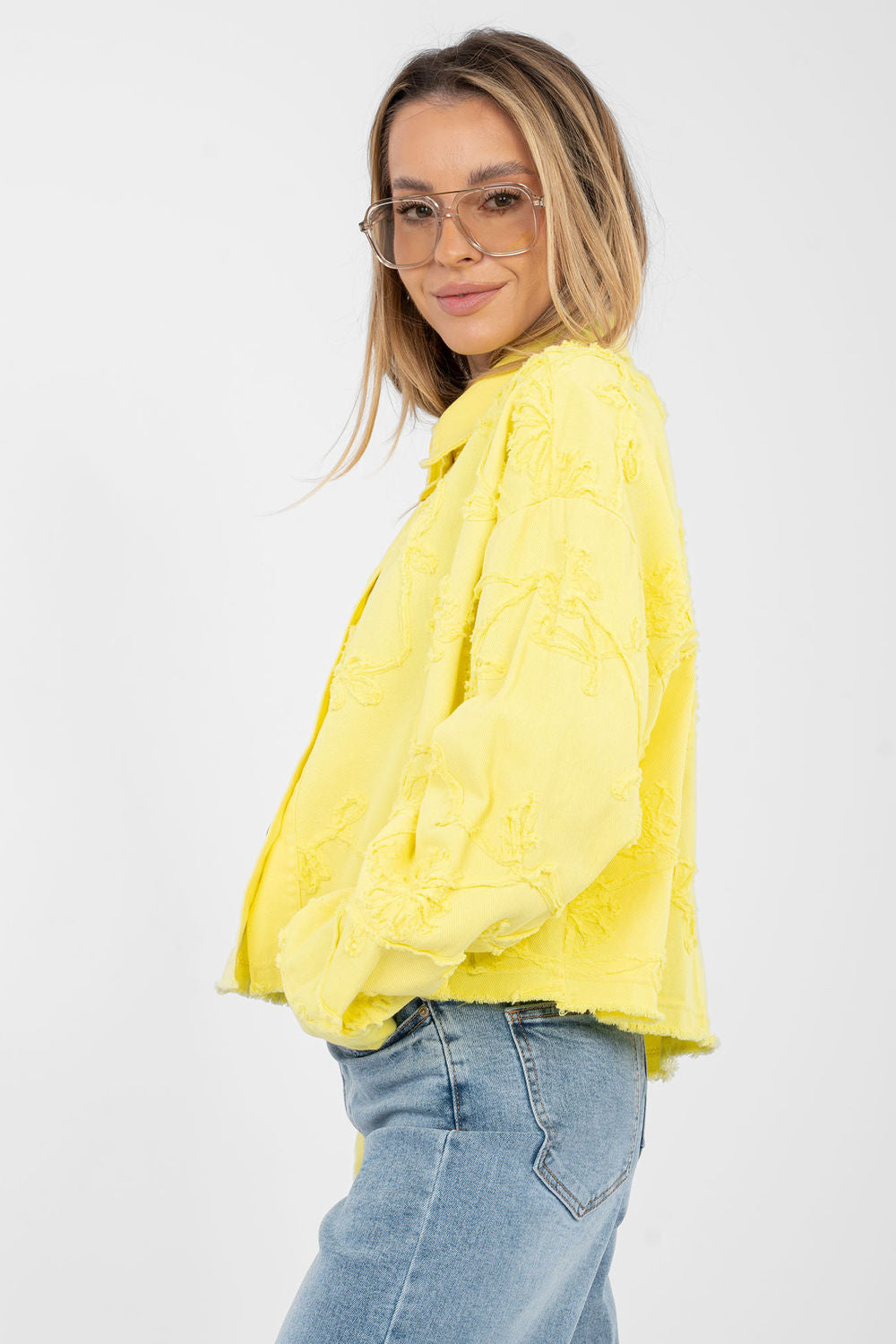 Rue Paris Yellow Long Sleeve Cotton Denim Jacket - view 3