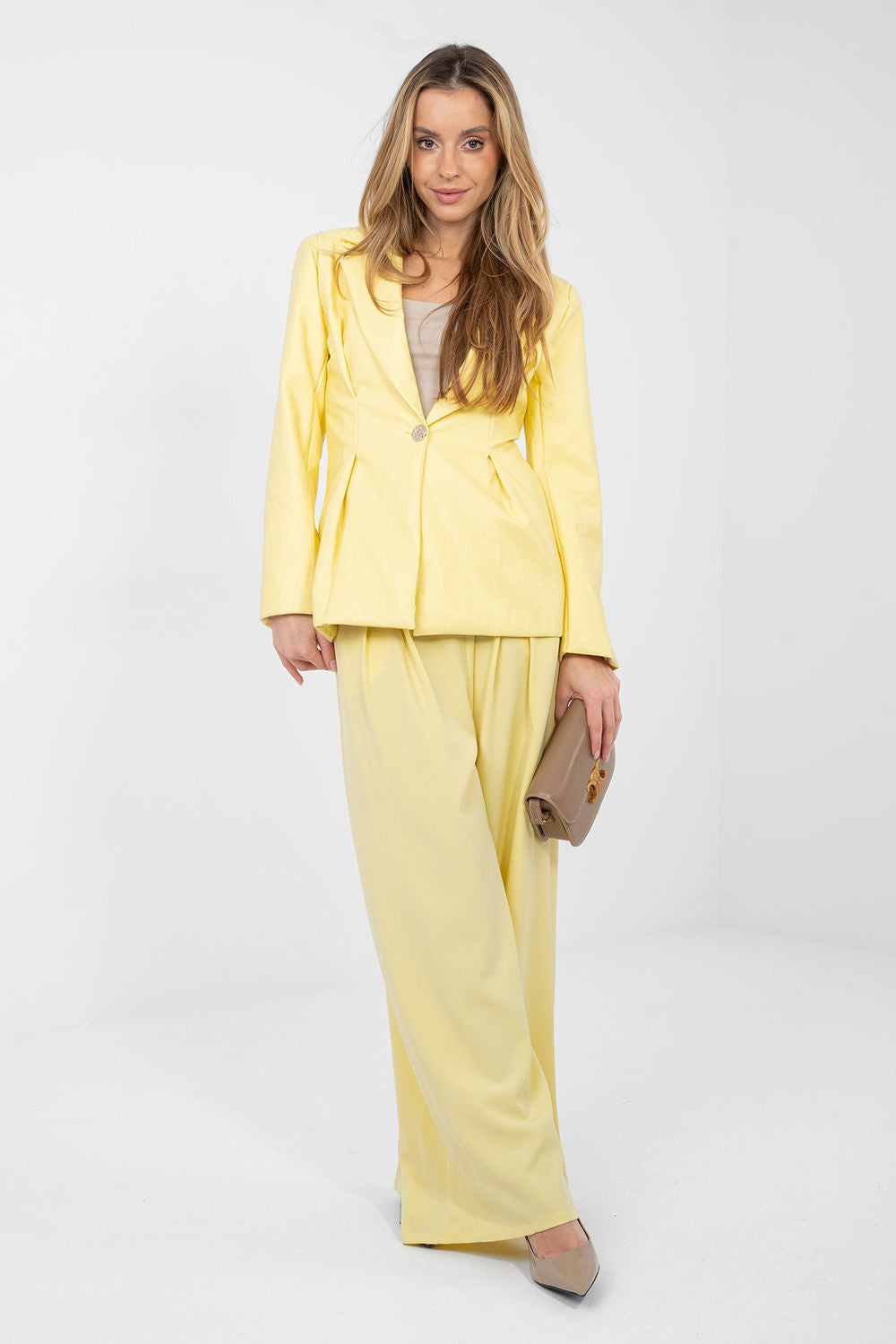 Rue Paris Light Yellow Faux Leather Pleated Jacket - view 2