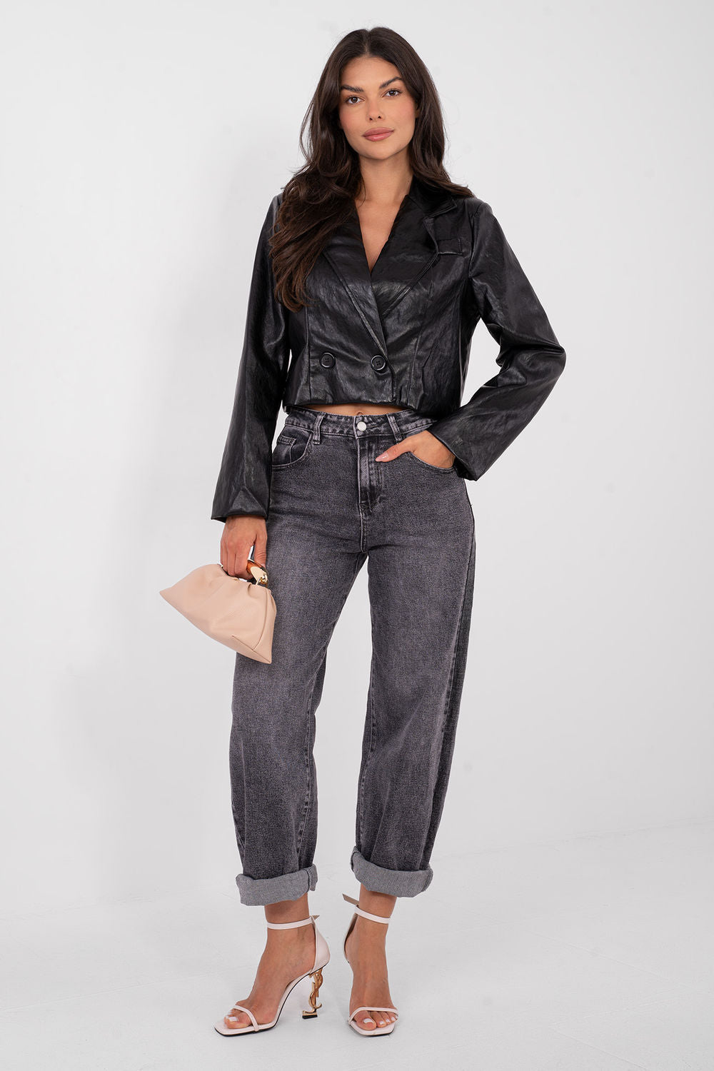 Rue Paris Black Faux Leather Long Sleeve Jacket - view 2