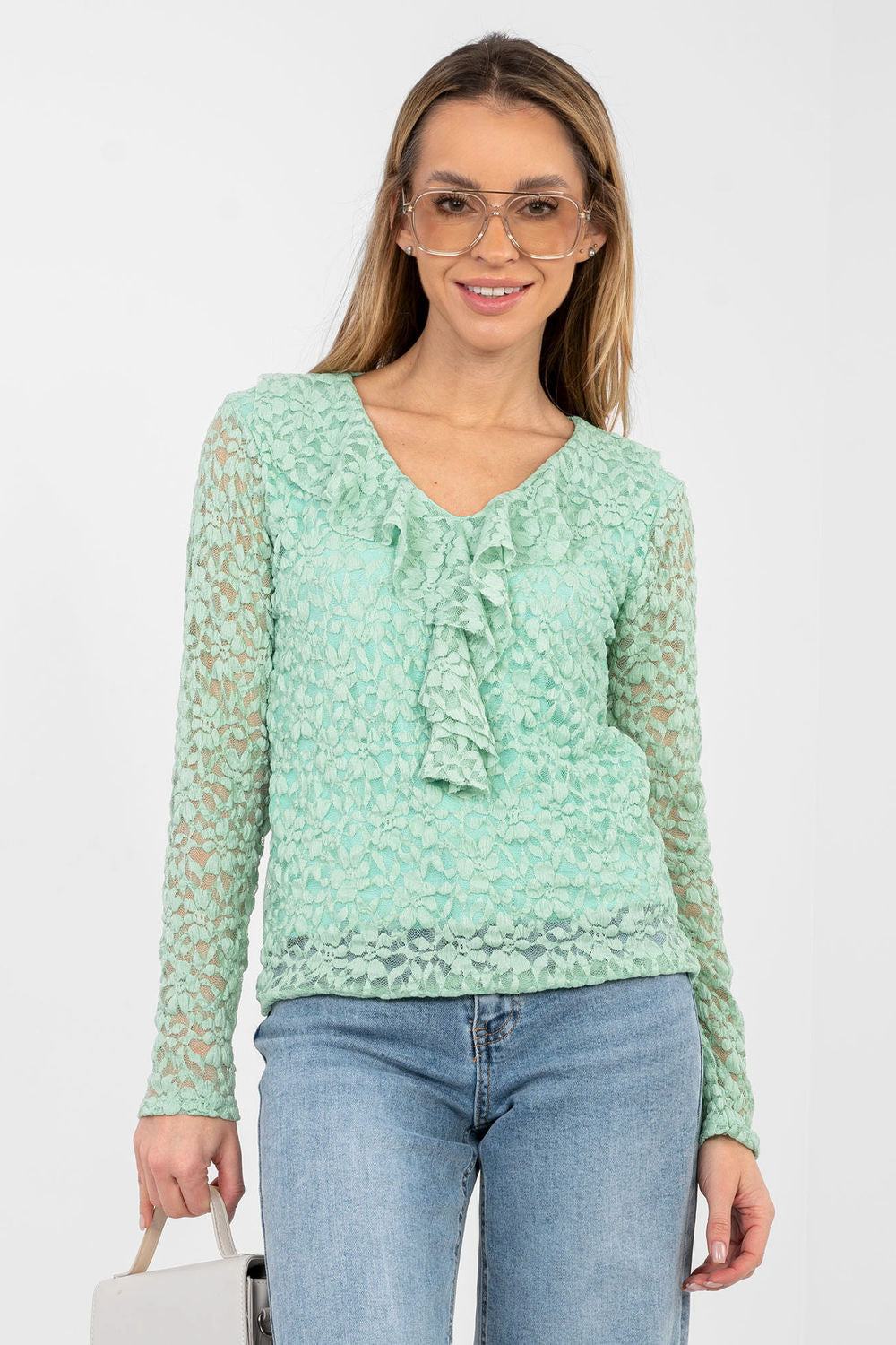 Rue Paris Pistachio Long Sleeve Lace Blouse