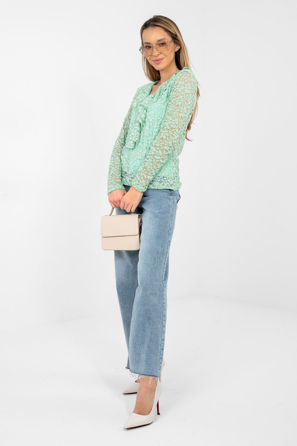Rue Paris Pistachio Long Sleeve Lace Blouse - view 2