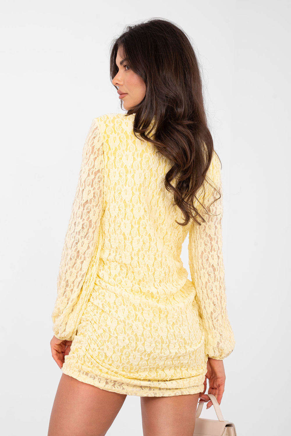 Italy Moda Light Yellow Lace Puff Sleeve Mini Dress - view 3