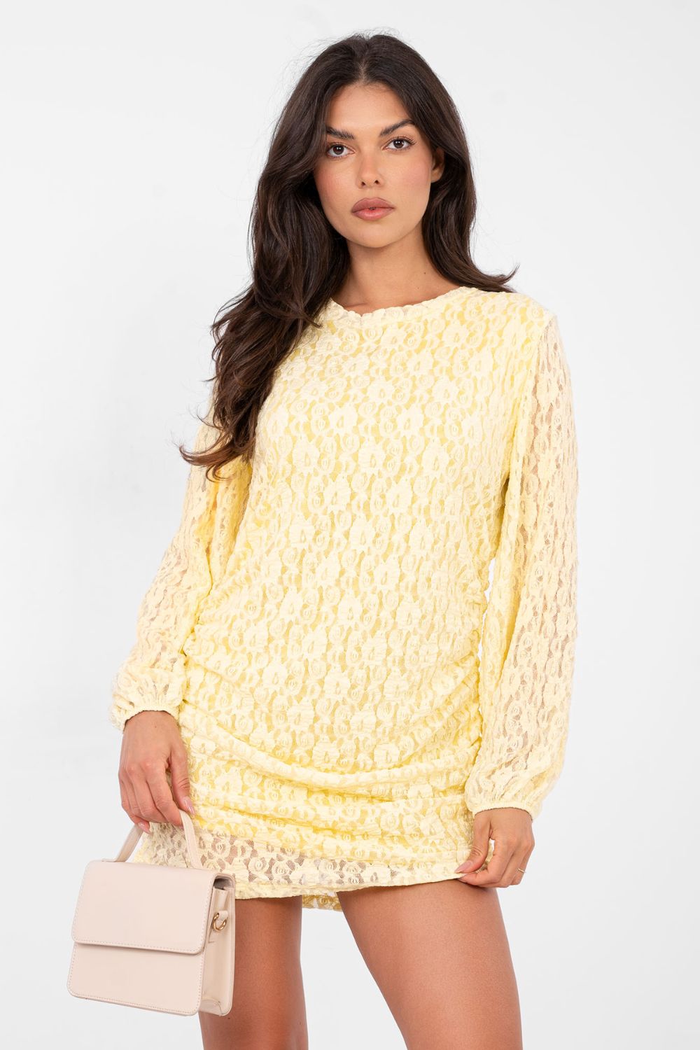 Italy Moda Light Yellow Lace Puff Sleeve Mini Dress - view 4