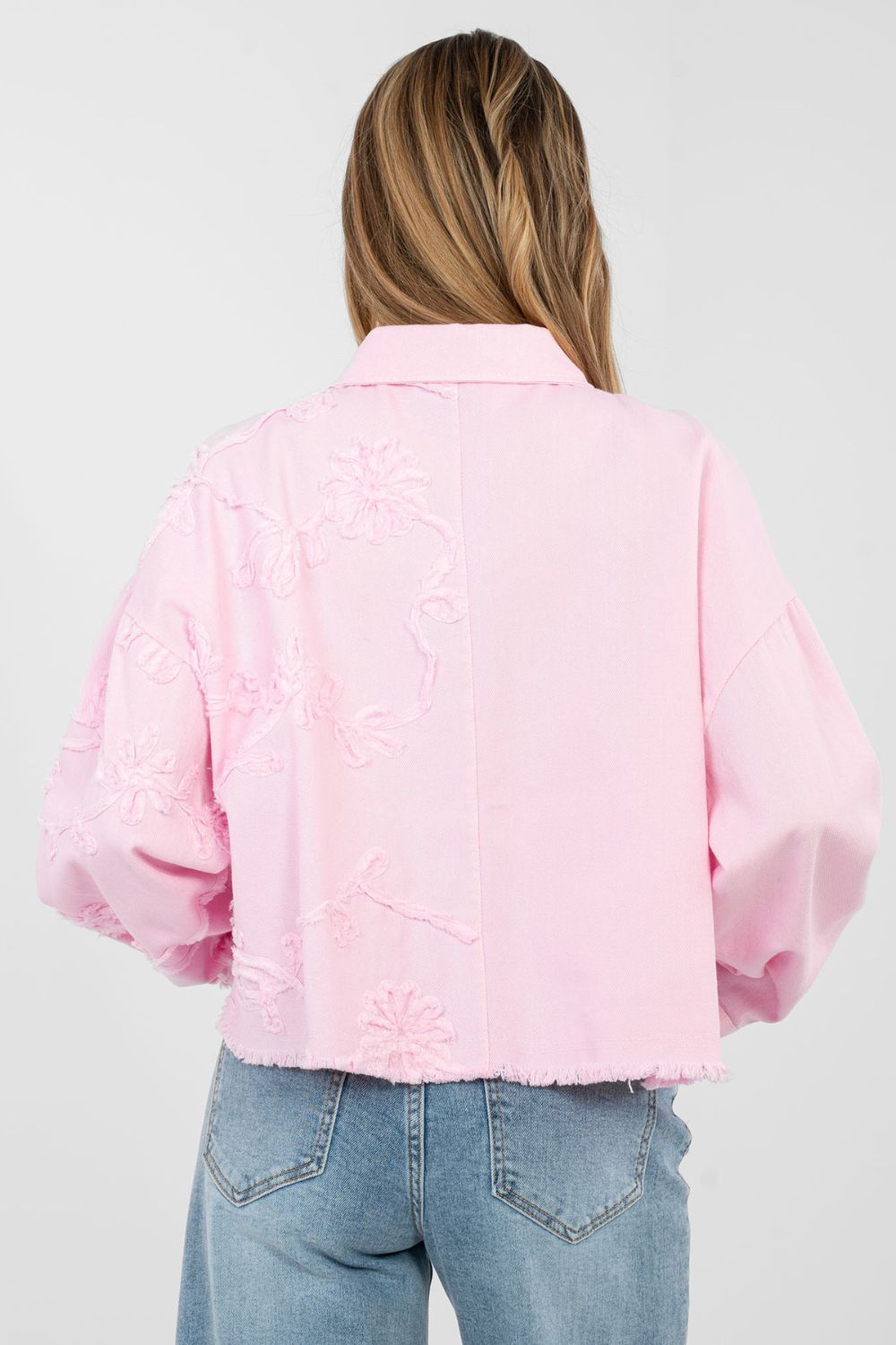 Rue Paris Light Pink Collared Long Sleeve Cotton Denim Jacket - view 4