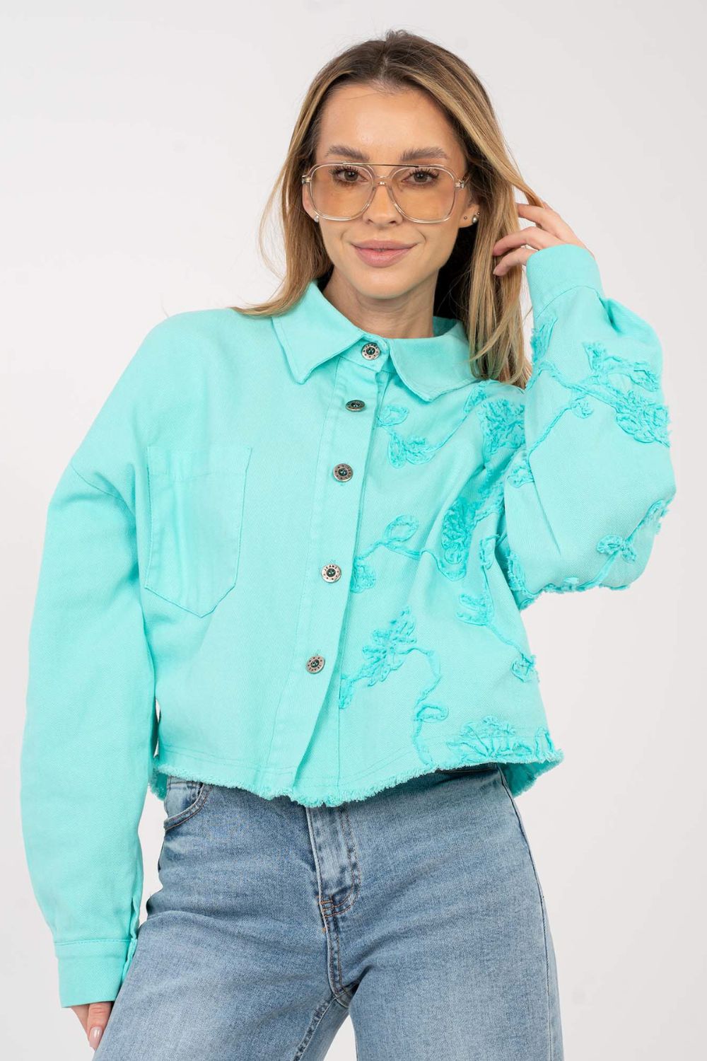 Rue Paris Turquoise Long Sleeve Cotton Denim Jacket - view 4