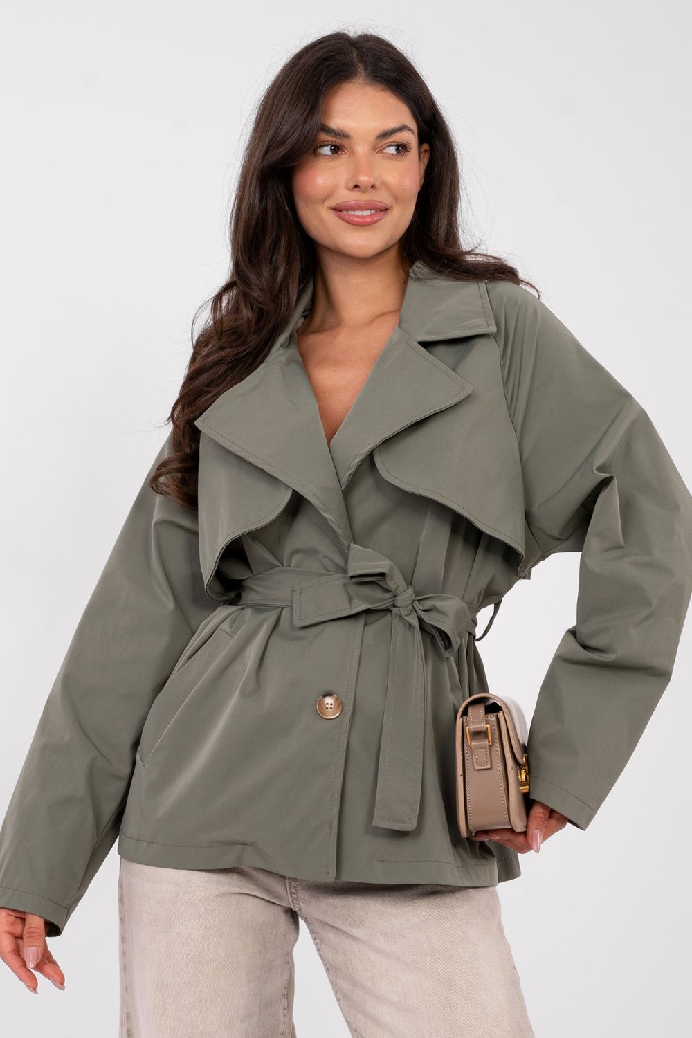 Rue Paris Khaki Long Sleeve Coat with Pockets - view 4