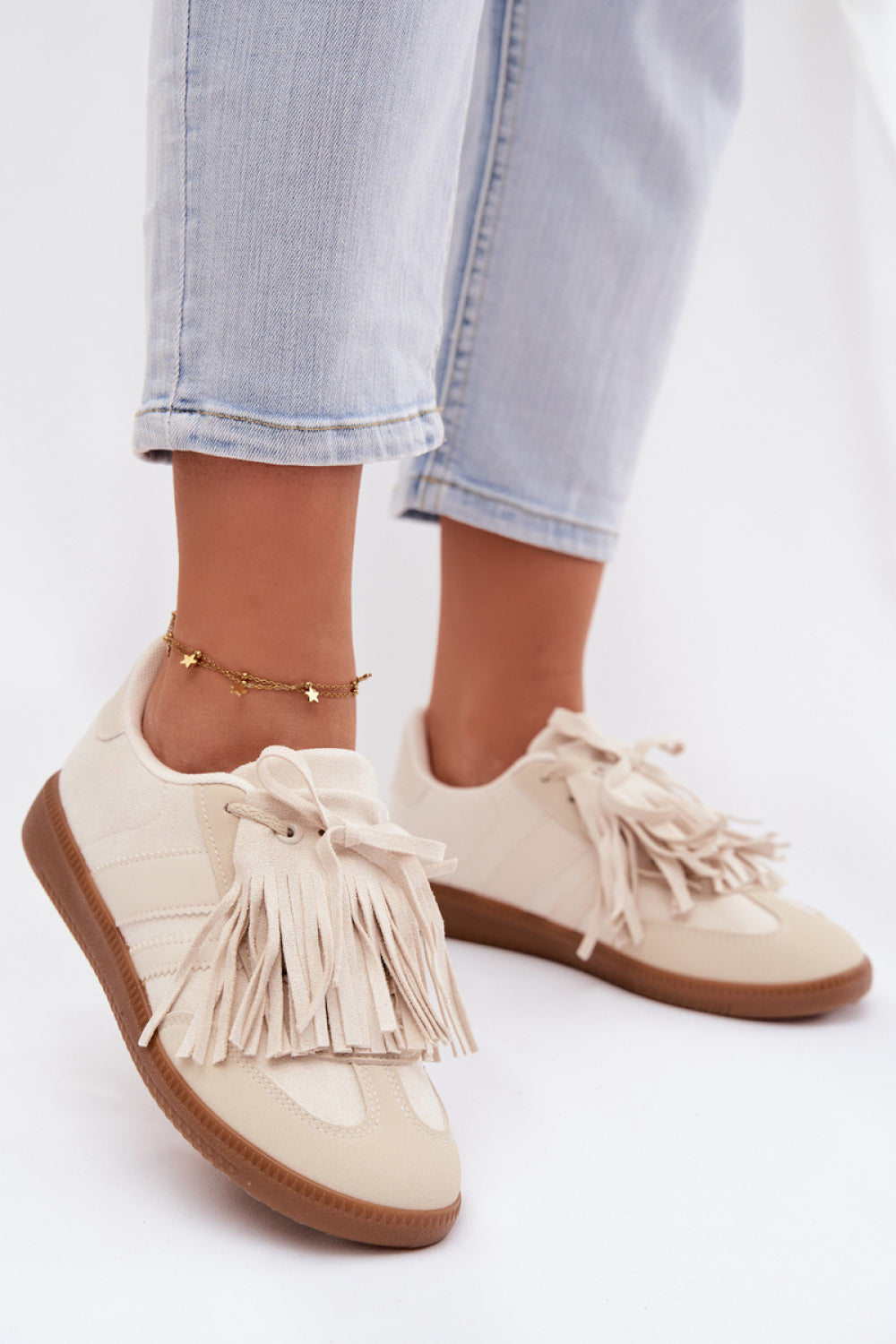 Step In Style Beige Fringed Faux Suede Trainers