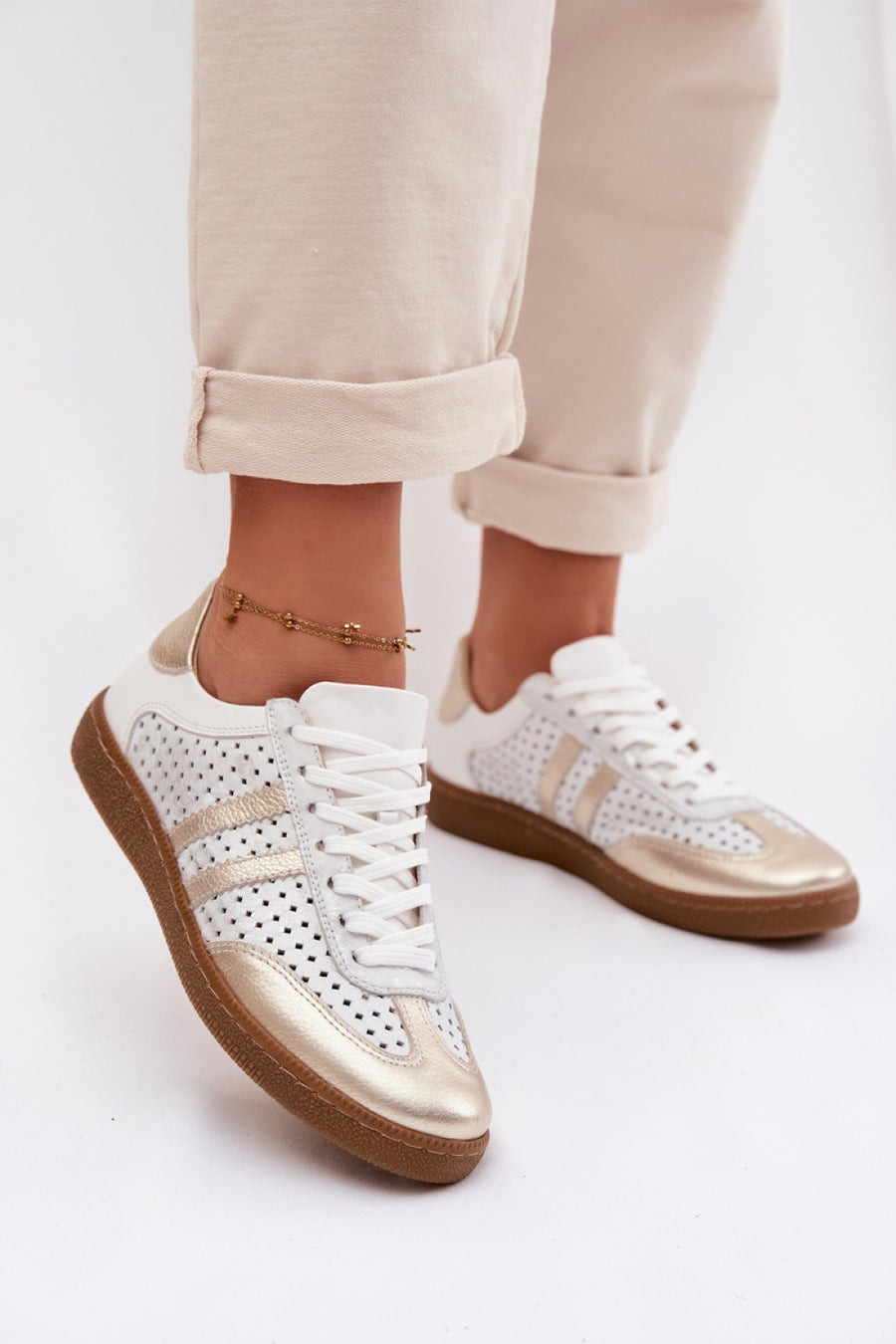 Step In Style Gold Openwork Leather Lace Up Trainers