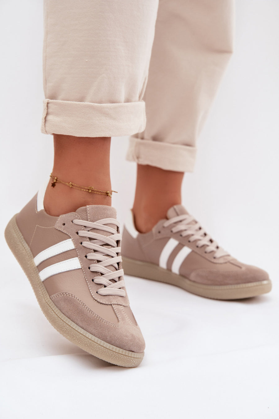 Step In Style Dark Beige Leather Lace Up Trainers