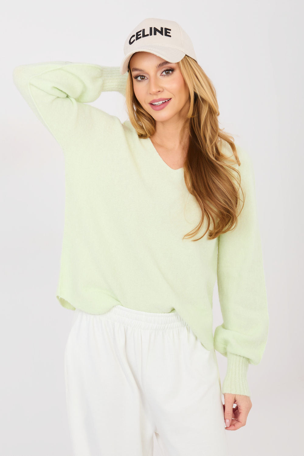 Italy Moda Light Green V-Neck Puff Sleeve Jumper