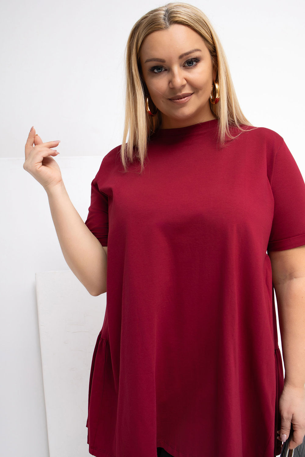 Relevance Burgundy Short Sleeve Cotton Plus Size Blouse