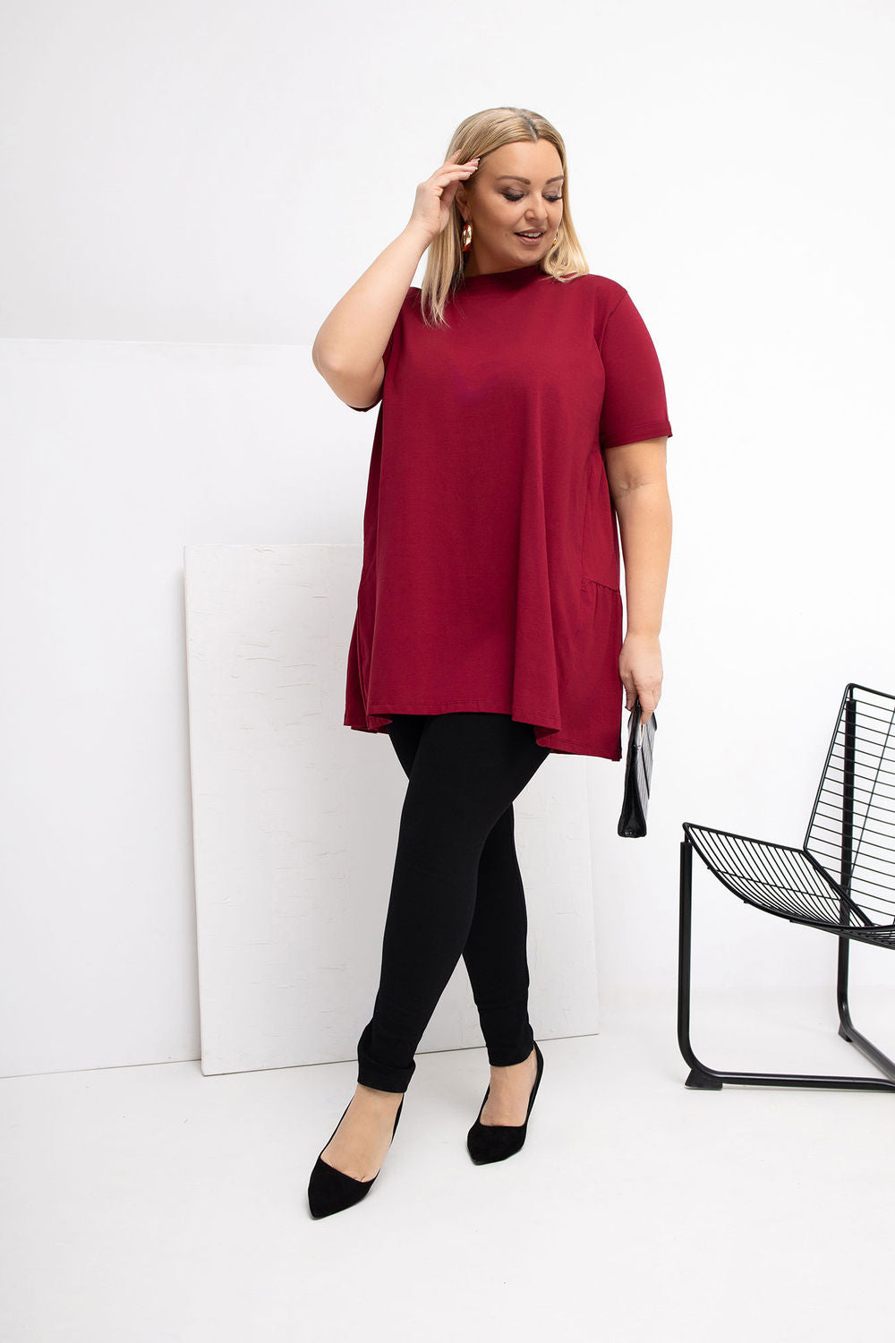 Relevance Burgundy Short Sleeve Cotton Plus Size Blouse - view 2