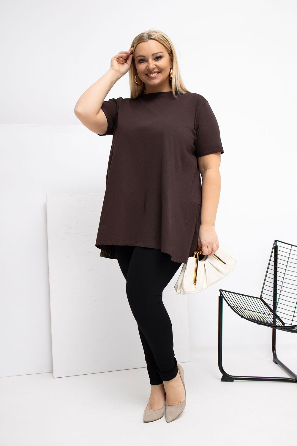 Relevance Dark Brown Short Sleeve Cotton Plus Size Blouse - view 2