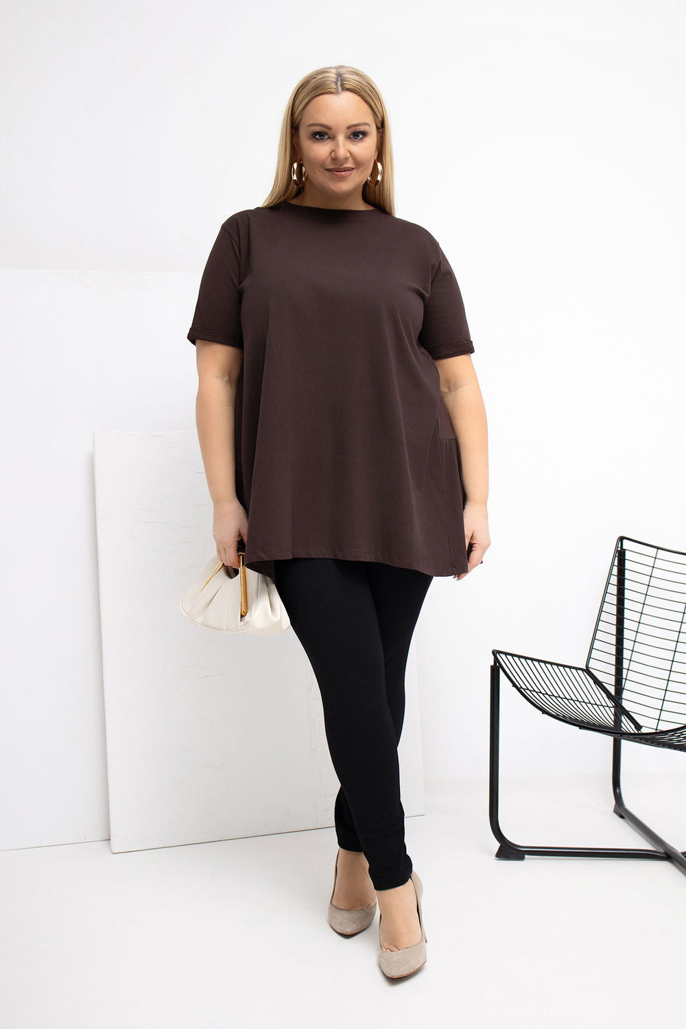 Relevance Dark Brown Short Sleeve Cotton Plus Size Blouse - view 4
