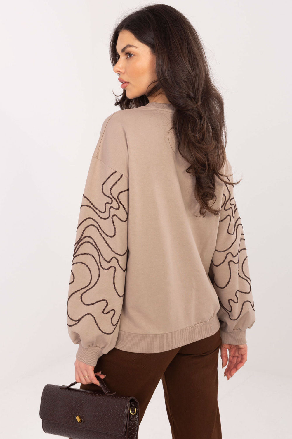 Relevance Dark Beige Round Neck Long Sleeve Cotton Sweatshirt with Embroidery - view 3