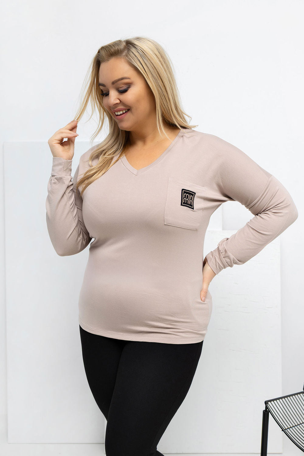 Relevance Beige V-Neck Long Sleeve Plus Size Blouse